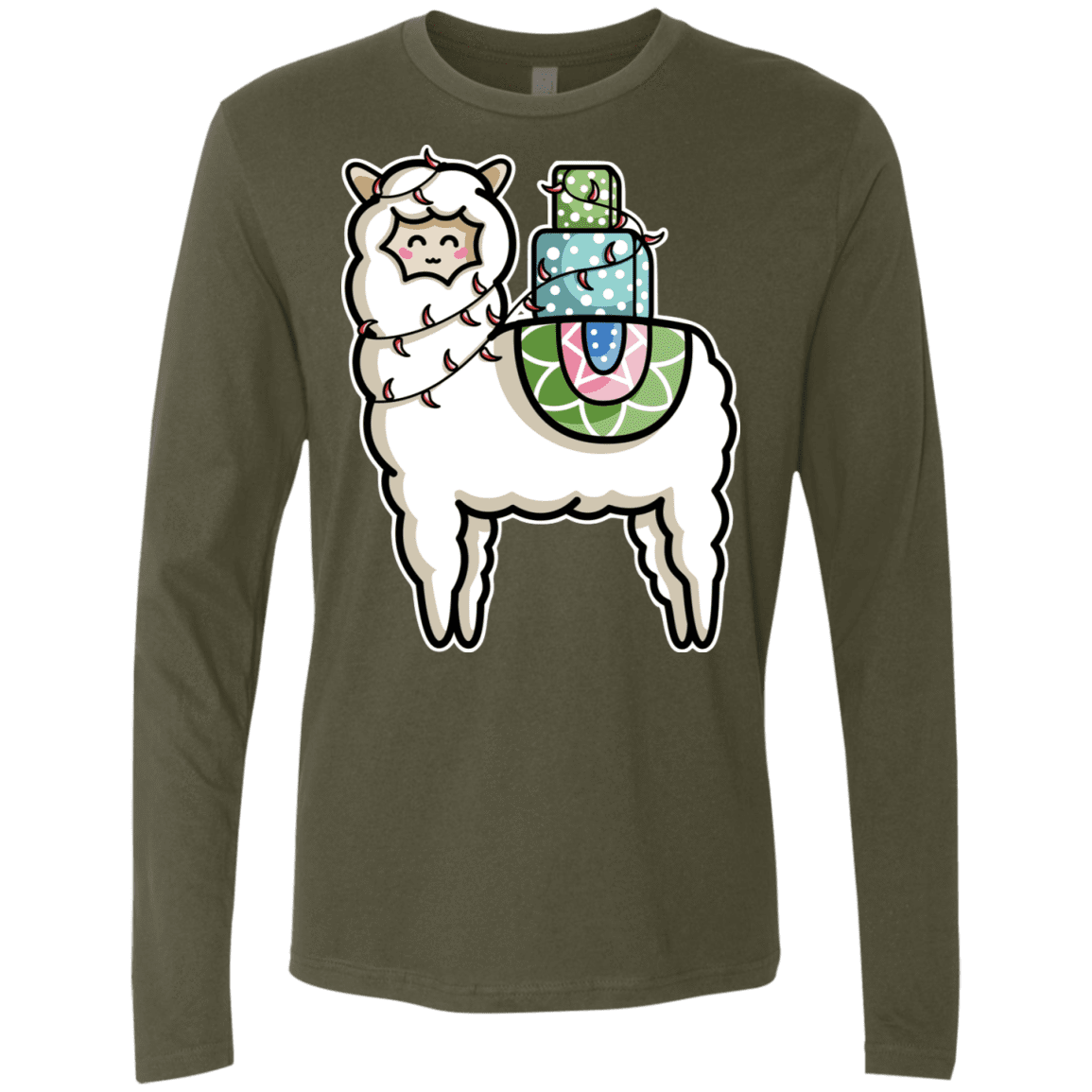 T-Shirts Military Green / S Kawaii Cute Llama Carrying Presents Men's Premium Long Sleeve