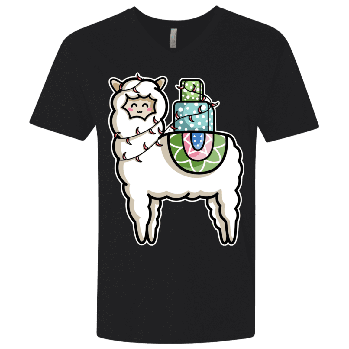 T-Shirts Black / X-Small Kawaii Cute Llama Carrying Presents Men's Premium V-Neck