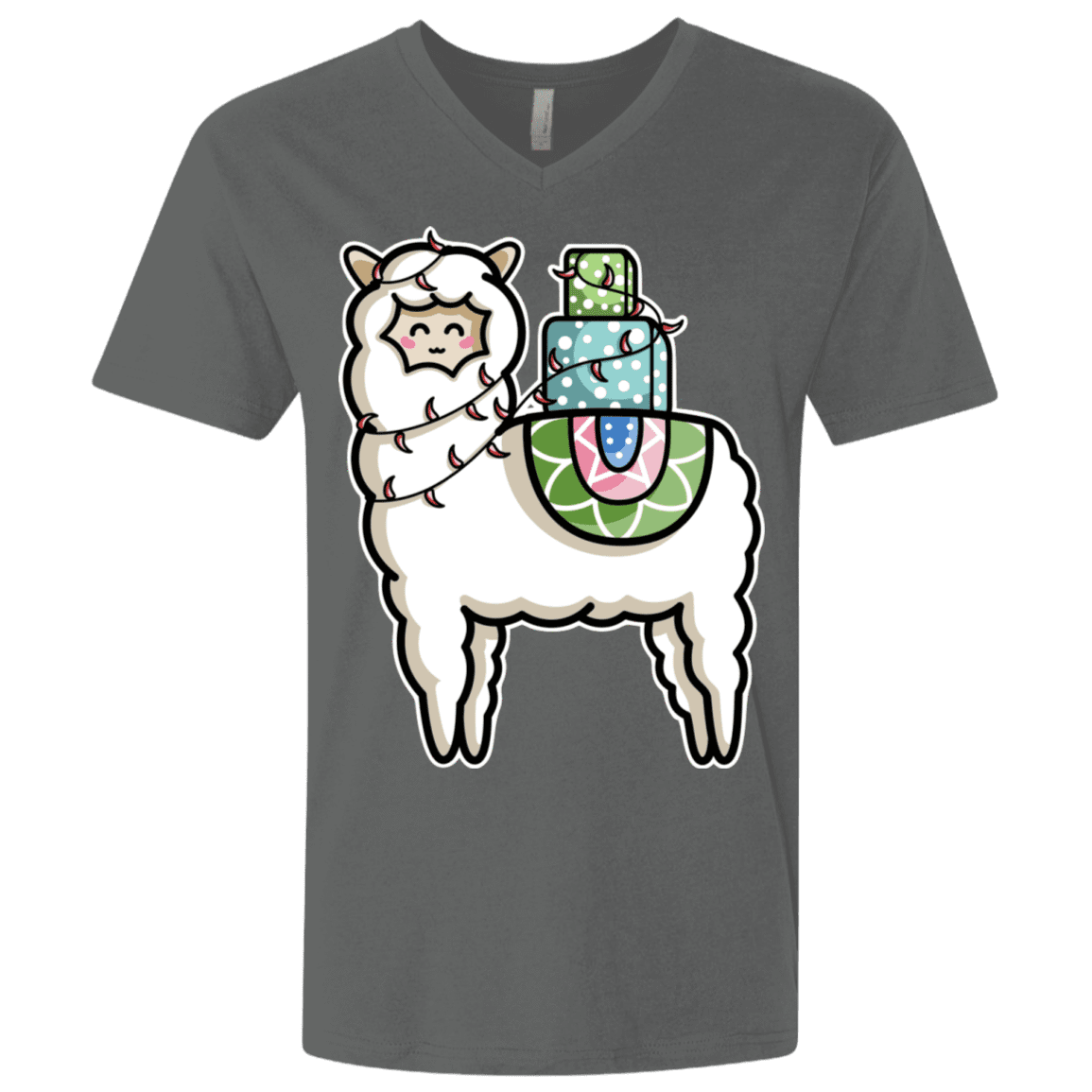 T-Shirts Heavy Metal / X-Small Kawaii Cute Llama Carrying Presents Men's Premium V-Neck