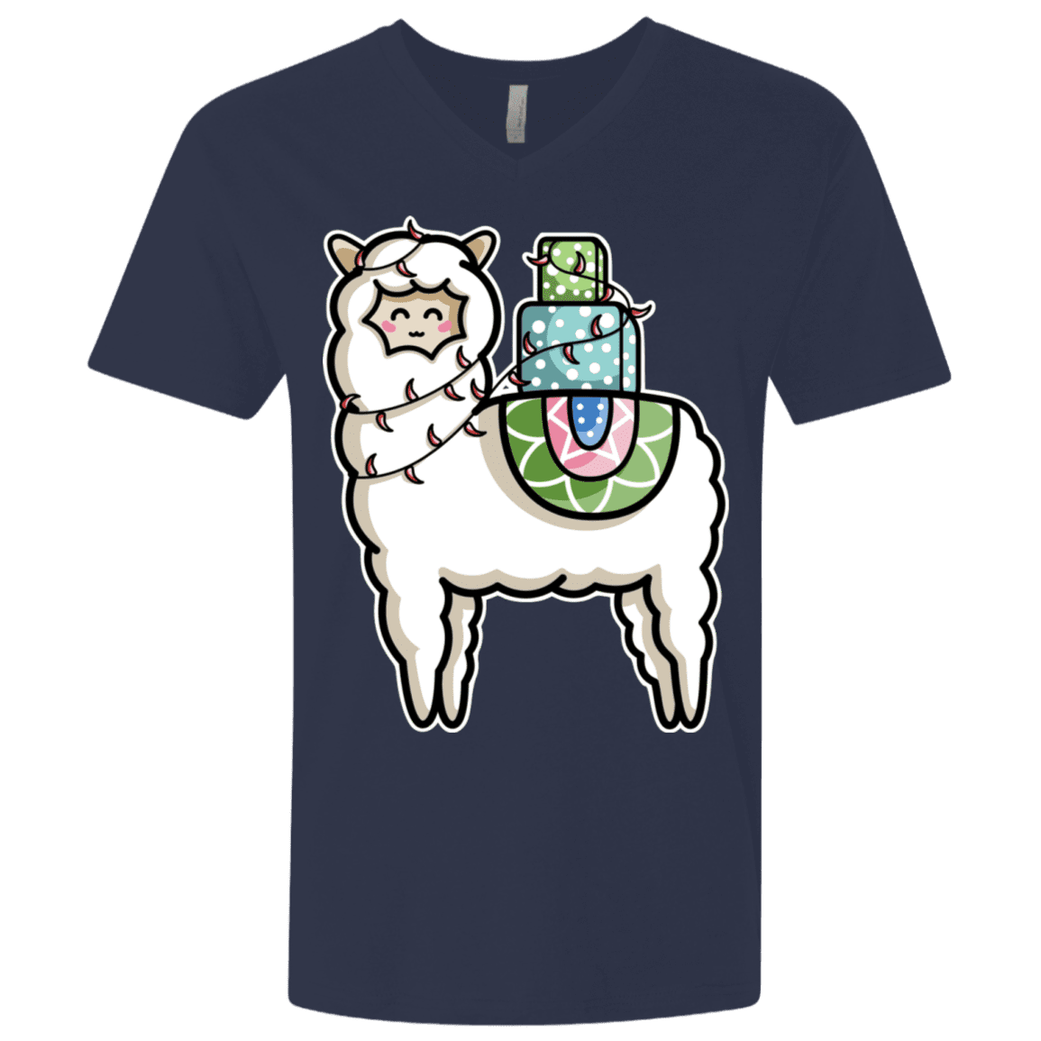 T-Shirts Midnight Navy / X-Small Kawaii Cute Llama Carrying Presents Men's Premium V-Neck