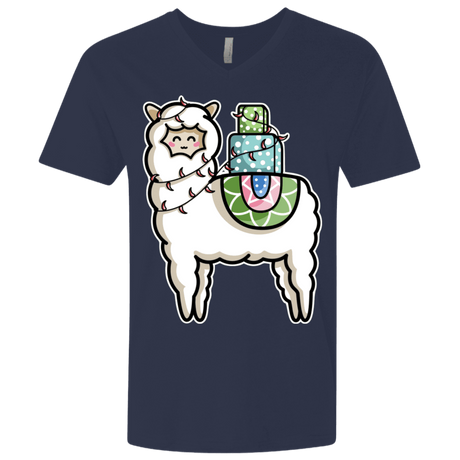 T-Shirts Midnight Navy / X-Small Kawaii Cute Llama Carrying Presents Men's Premium V-Neck