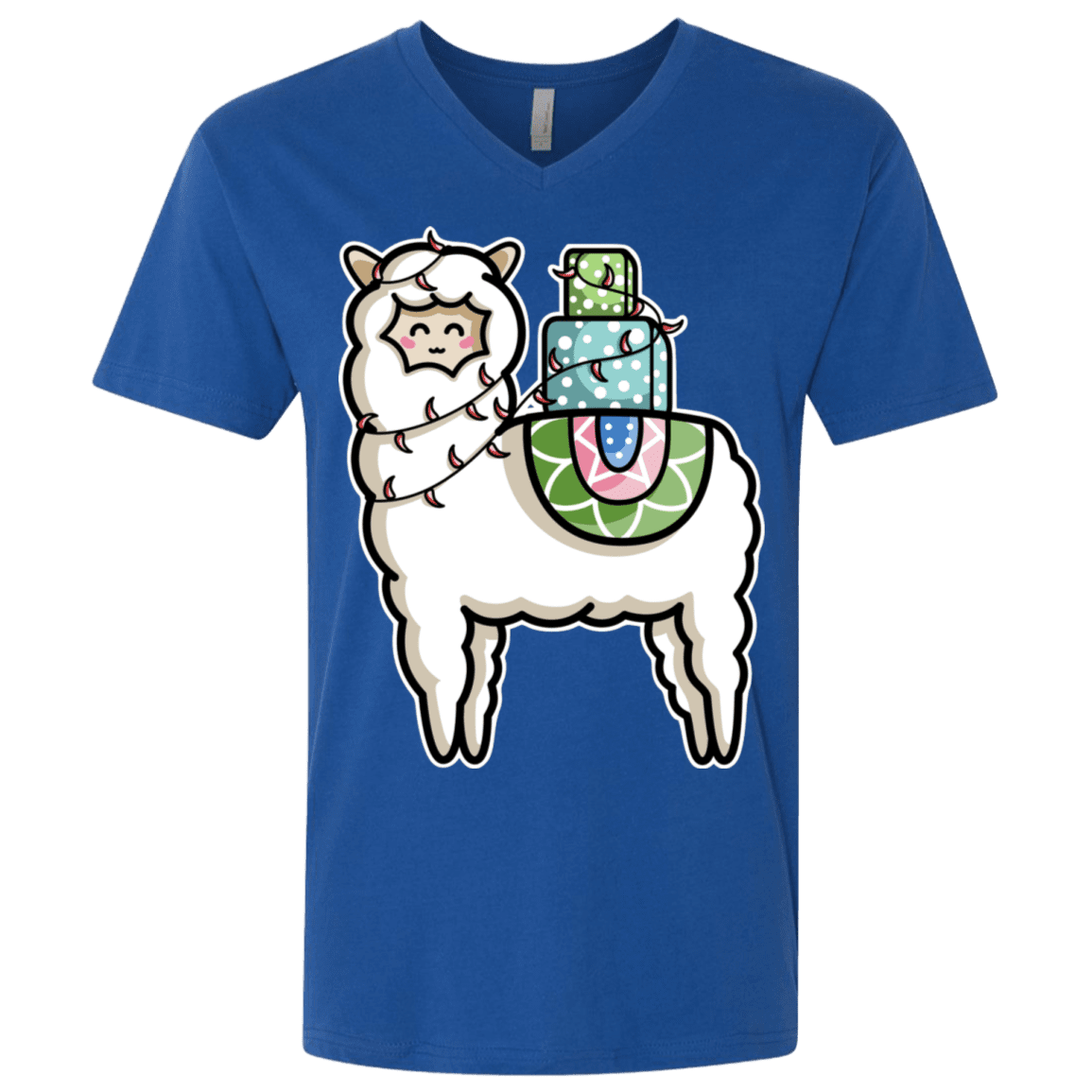 T-Shirts Royal / X-Small Kawaii Cute Llama Carrying Presents Men's Premium V-Neck