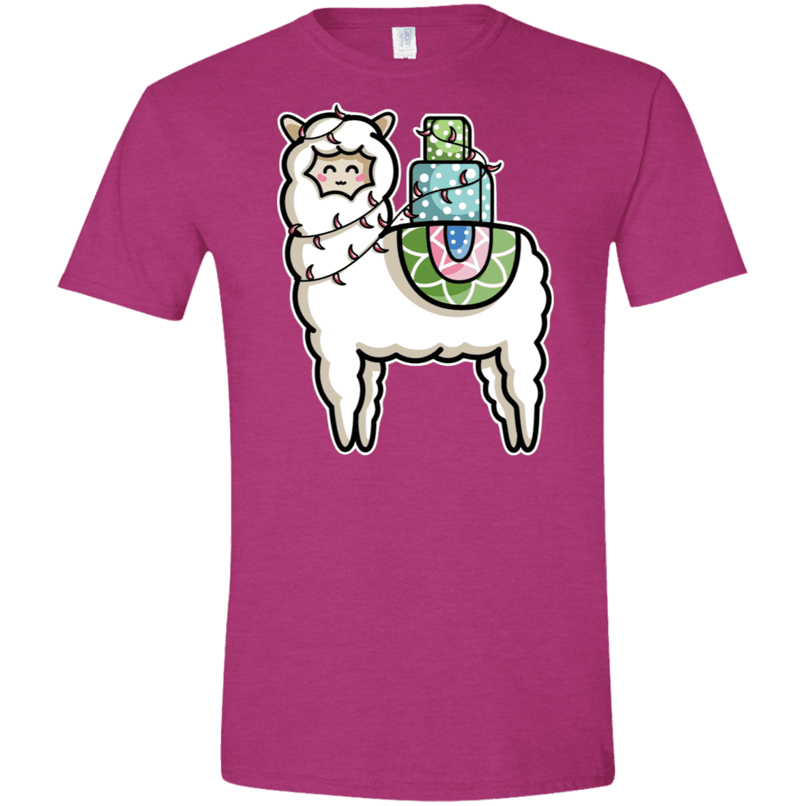 T-Shirts Antique Heliconia / S Kawaii Cute Llama Carrying Presents Men's Semi-Fitted Softstyle