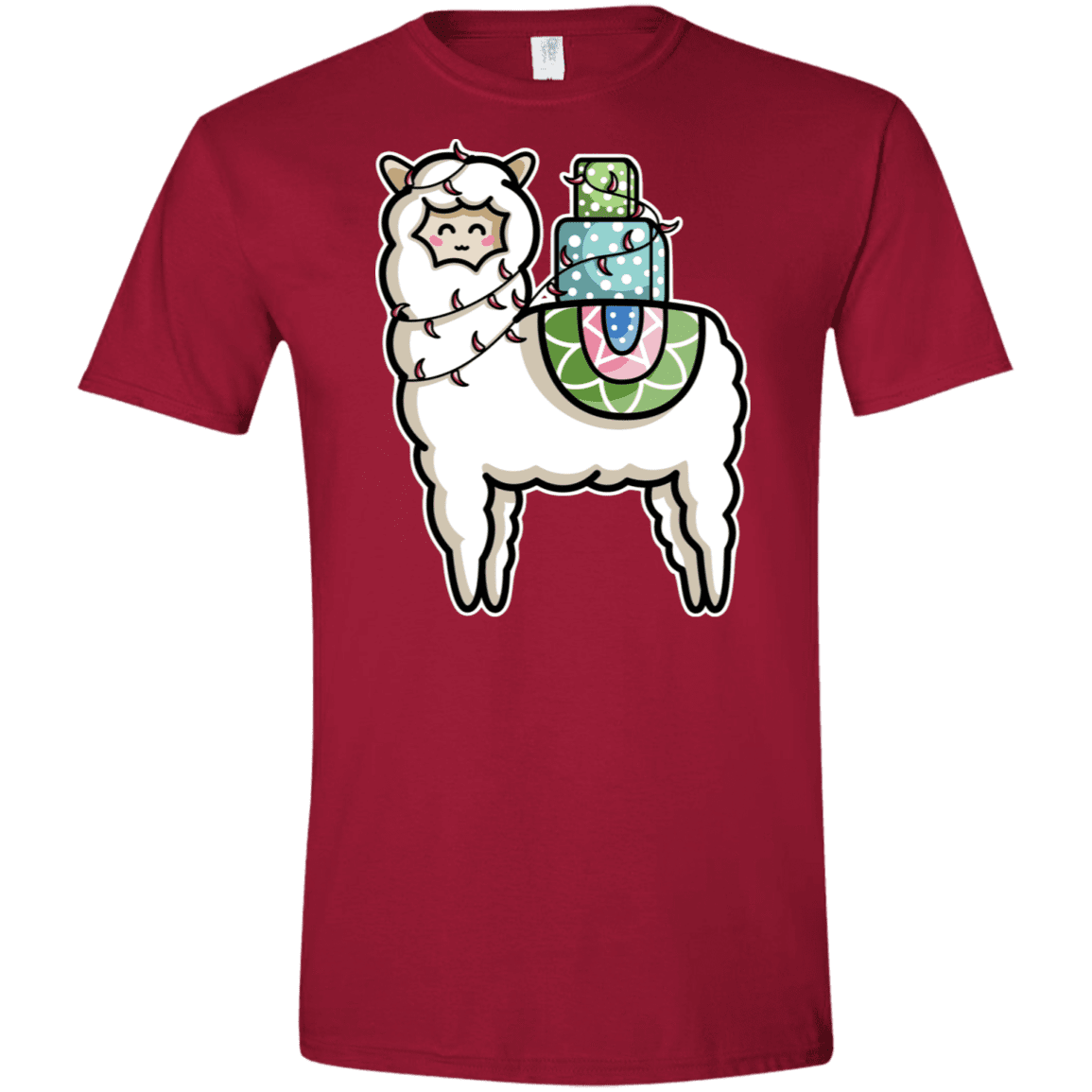T-Shirts Cardinal Red / S Kawaii Cute Llama Carrying Presents Men's Semi-Fitted Softstyle