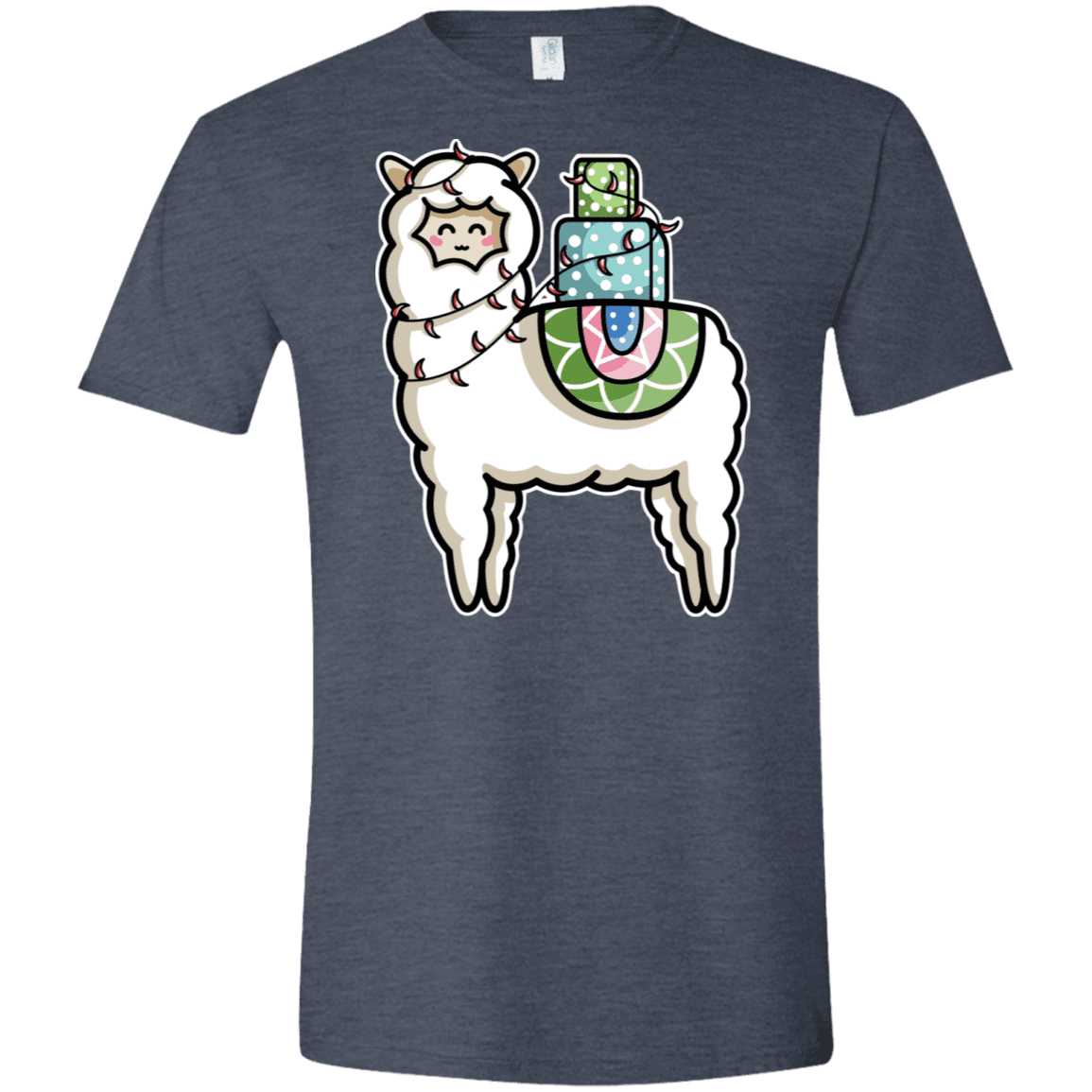 T-Shirts Heather Navy / S Kawaii Cute Llama Carrying Presents Men's Semi-Fitted Softstyle