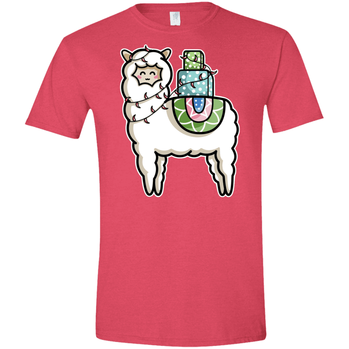 T-Shirts Heather Red / S Kawaii Cute Llama Carrying Presents Men's Semi-Fitted Softstyle