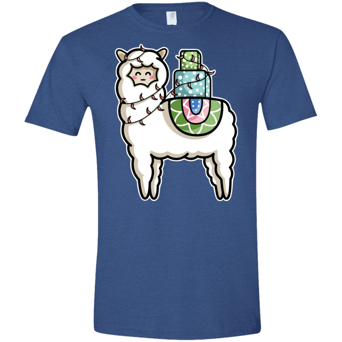 T-Shirts Heather Royal / X-Small Kawaii Cute Llama Carrying Presents Men's Semi-Fitted Softstyle