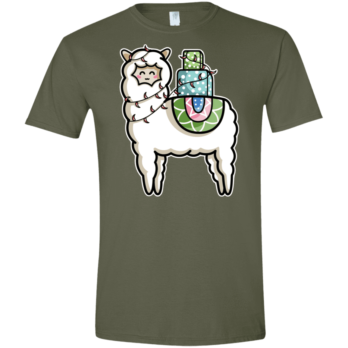 T-Shirts Military Green / S Kawaii Cute Llama Carrying Presents Men's Semi-Fitted Softstyle