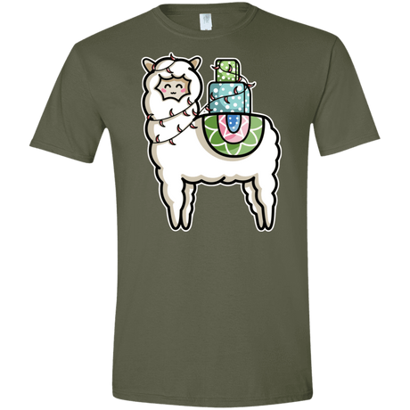 T-Shirts Military Green / S Kawaii Cute Llama Carrying Presents Men's Semi-Fitted Softstyle