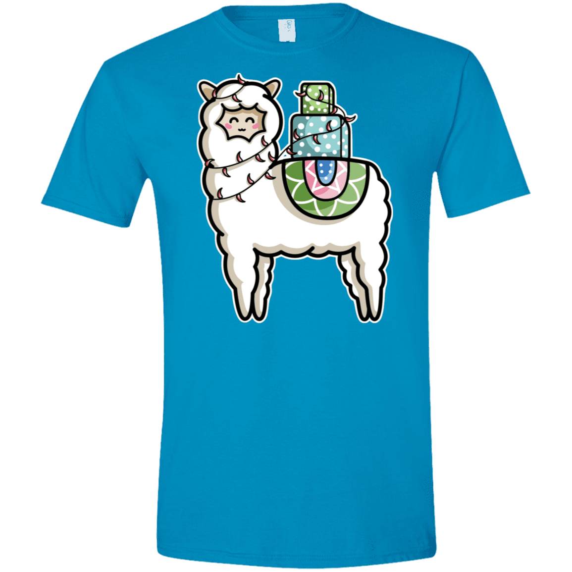 T-Shirts Sapphire / S Kawaii Cute Llama Carrying Presents Men's Semi-Fitted Softstyle