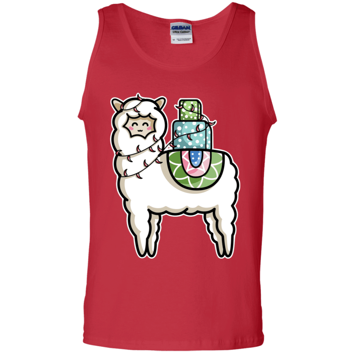 T-Shirts Red / S Kawaii Cute Llama Carrying Presents Men's Tank Top