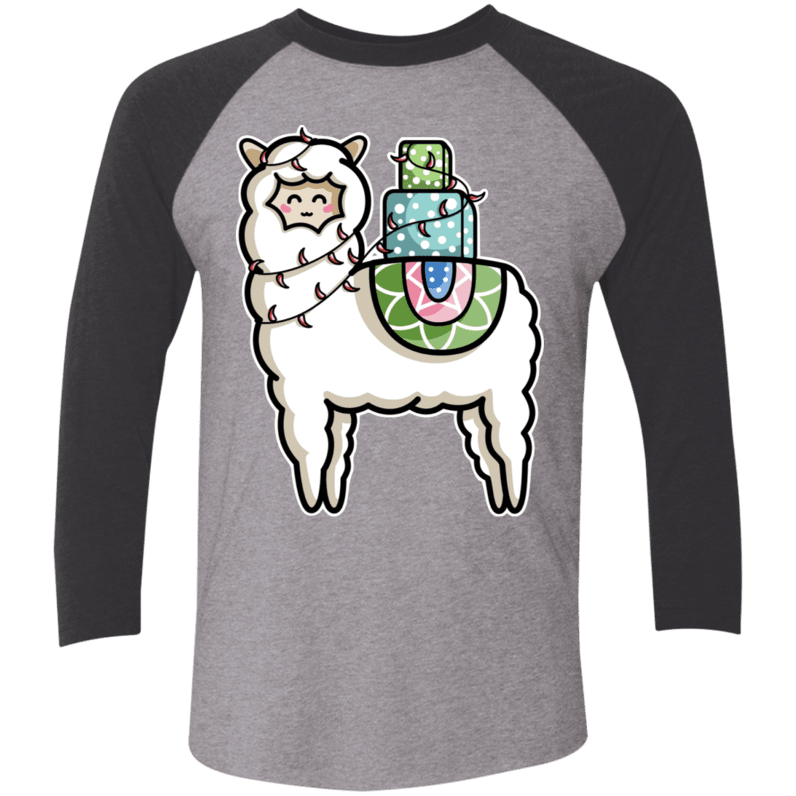 T-Shirts Premium Heather/Vintage Black / X-Small Kawaii Cute Llama Carrying Presents Men's Triblend 3/4 Sleeve