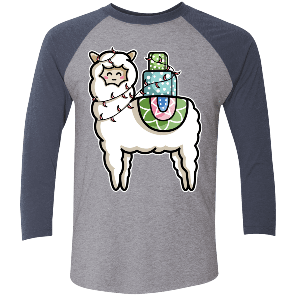 T-Shirts Premium Heather/Vintage Navy / X-Small Kawaii Cute Llama Carrying Presents Men's Triblend 3/4 Sleeve