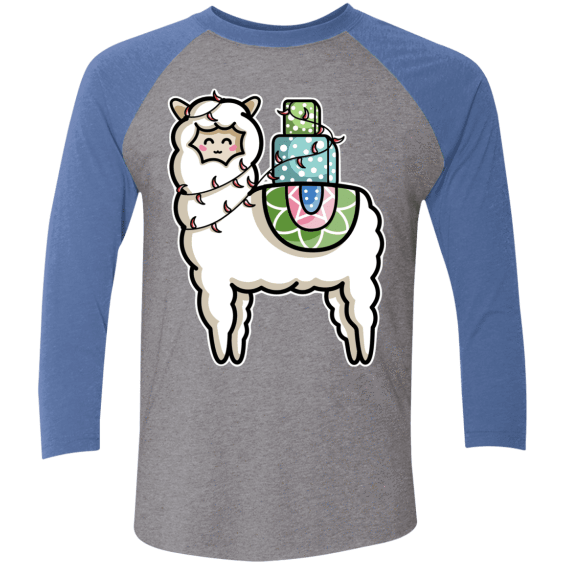 T-Shirts Premium Heather/Vintage Royal / X-Small Kawaii Cute Llama Carrying Presents Men's Triblend 3/4 Sleeve