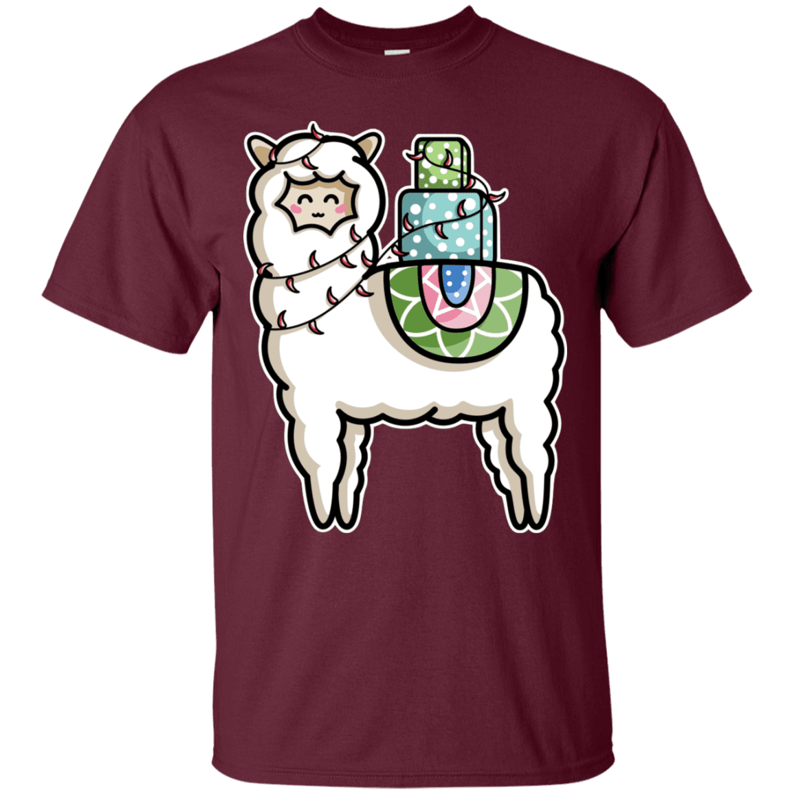 T-Shirts Maroon / S Kawaii Cute Llama Carrying Presents T-Shirt