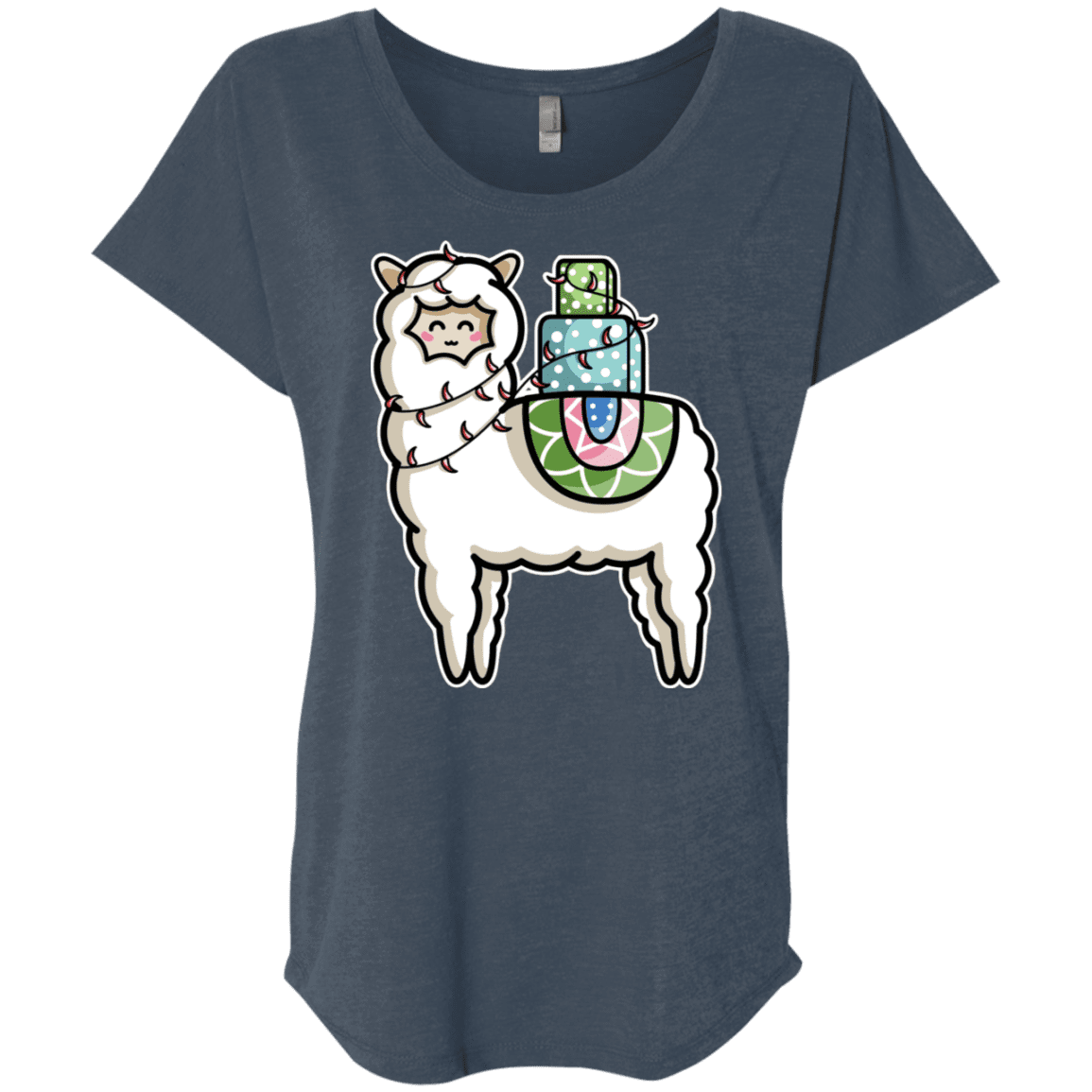 T-Shirts Indigo / X-Small Kawaii Cute Llama Carrying Presents Triblend Dolman Sleeve