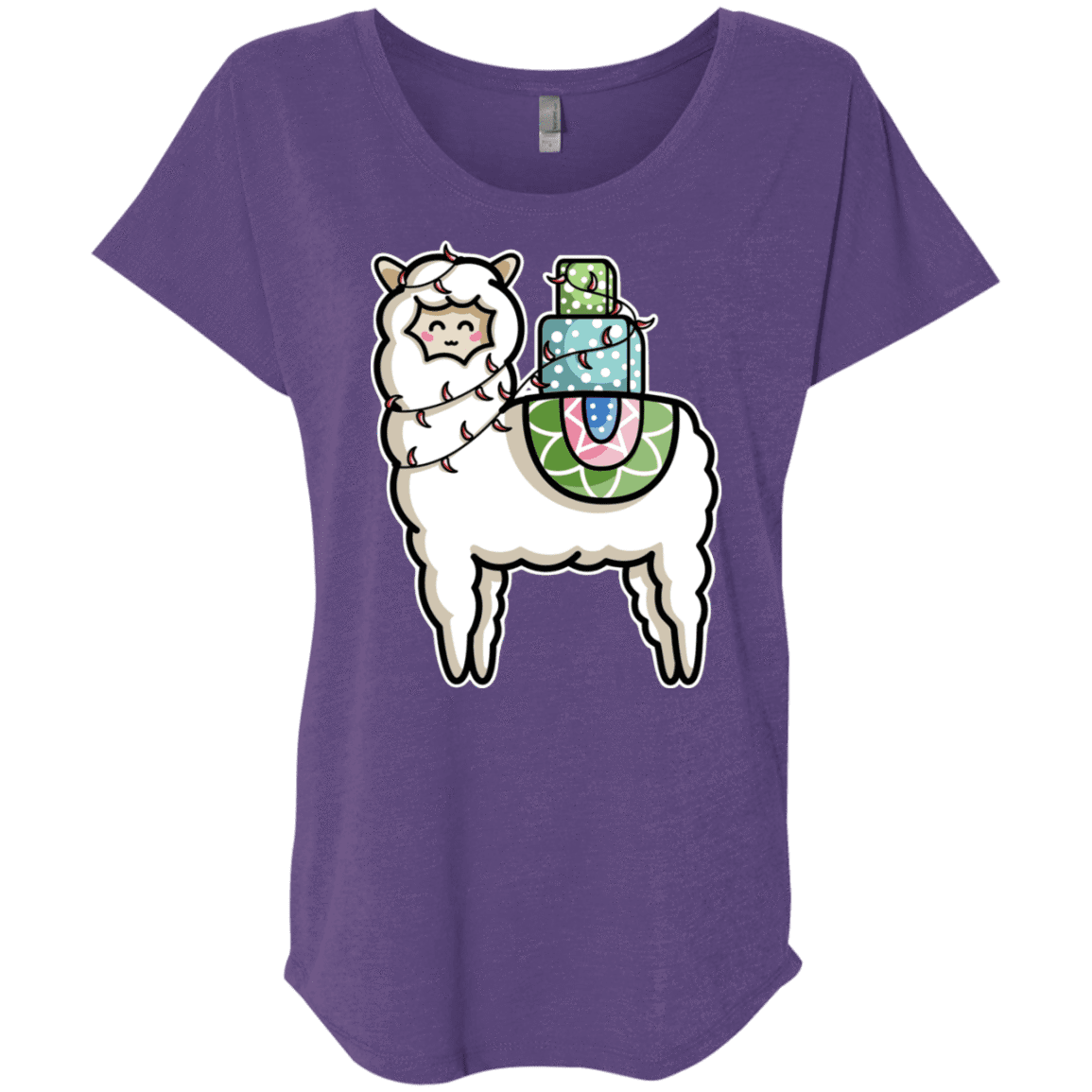 T-Shirts Purple Rush / X-Small Kawaii Cute Llama Carrying Presents Triblend Dolman Sleeve