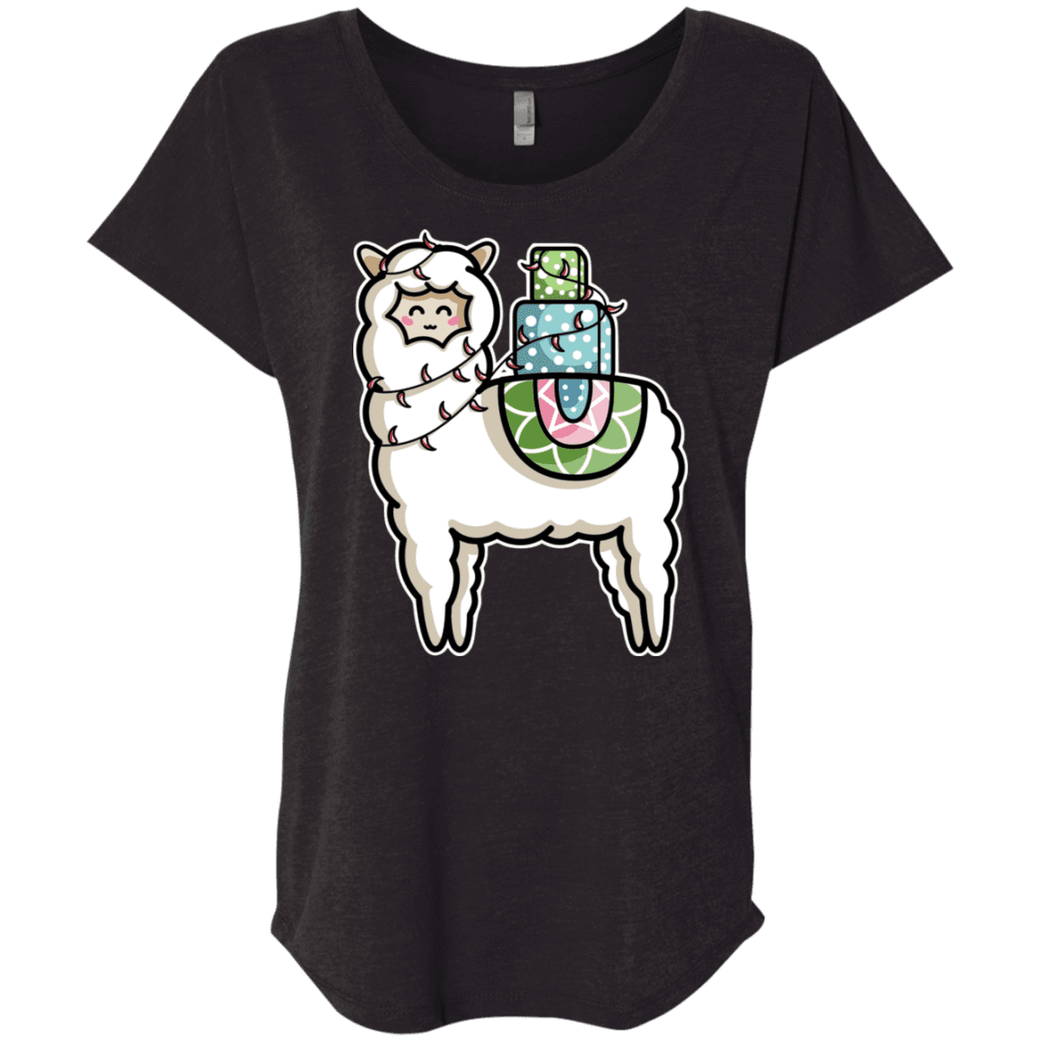 T-Shirts Vintage Black / X-Small Kawaii Cute Llama Carrying Presents Triblend Dolman Sleeve
