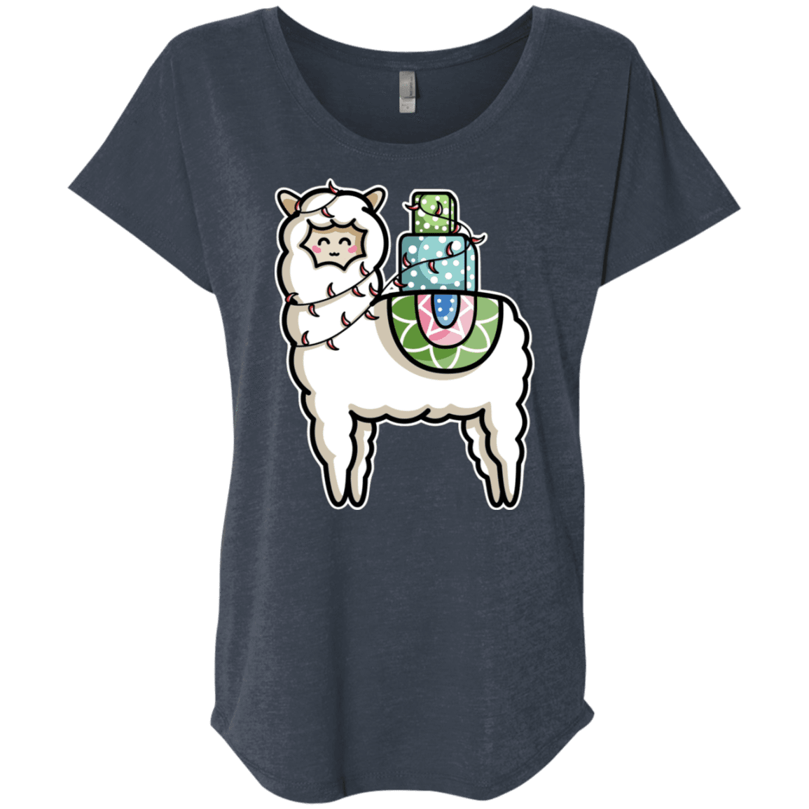 T-Shirts Vintage Navy / X-Small Kawaii Cute Llama Carrying Presents Triblend Dolman Sleeve