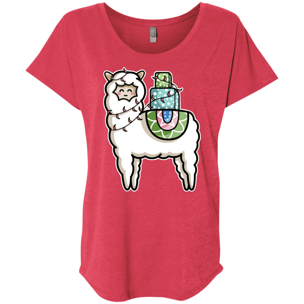 T-Shirts Vintage Red / X-Small Kawaii Cute Llama Carrying Presents Triblend Dolman Sleeve
