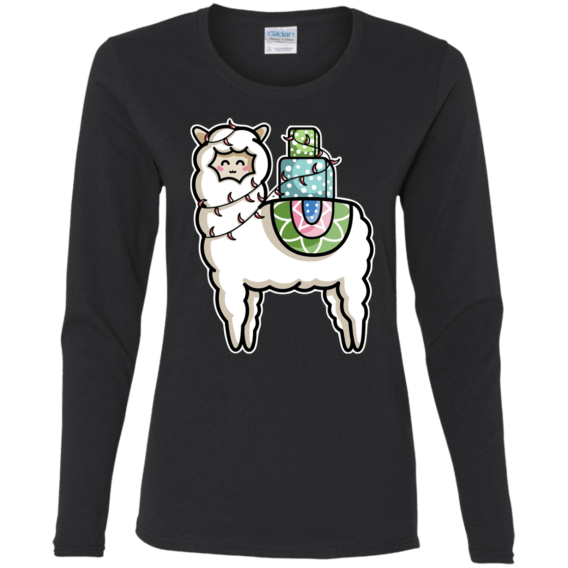 T-Shirts Black / S Kawaii Cute Llama Carrying Presents Women's Long Sleeve T-Shirt