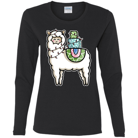 T-Shirts Black / S Kawaii Cute Llama Carrying Presents Women's Long Sleeve T-Shirt