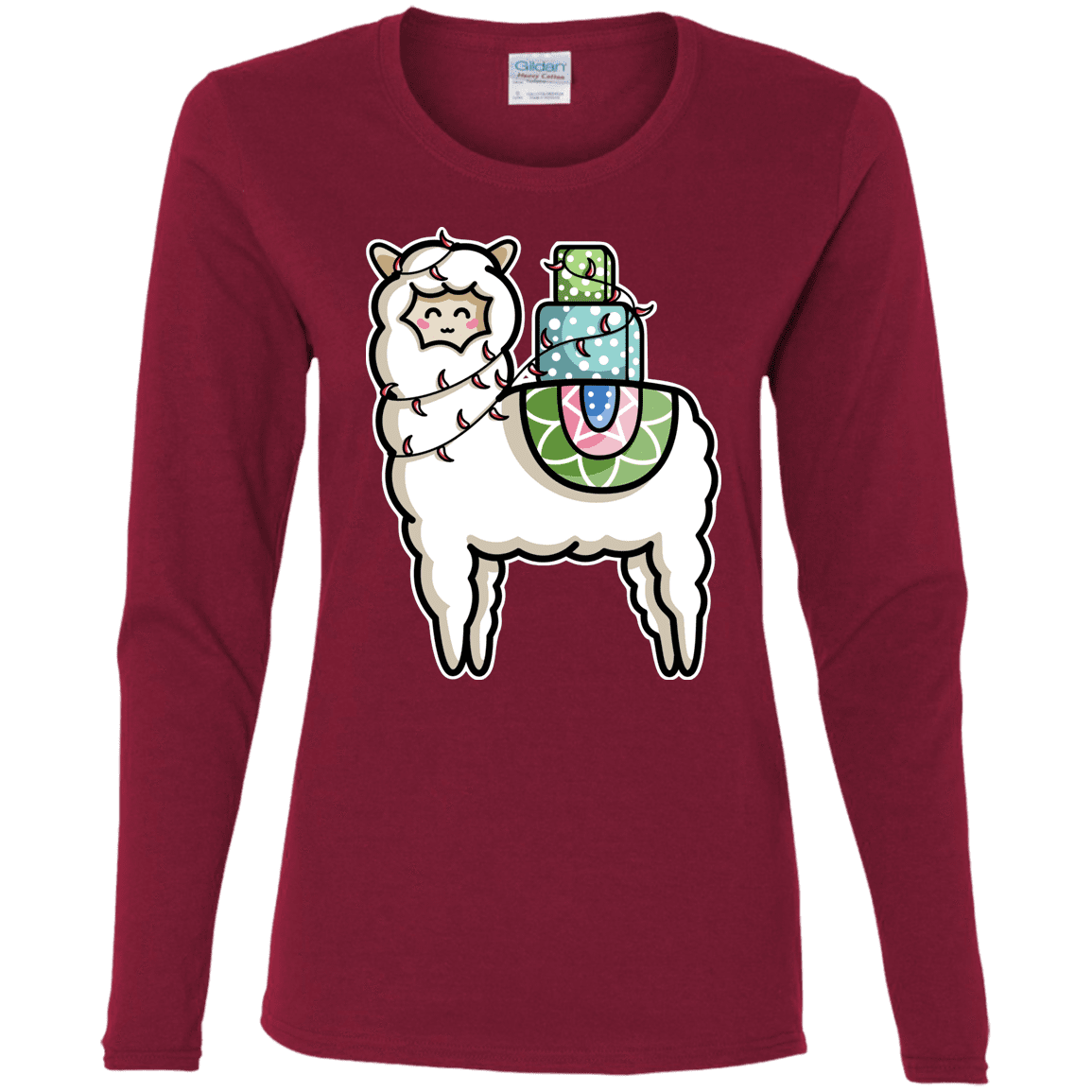 T-Shirts Cardinal / S Kawaii Cute Llama Carrying Presents Women's Long Sleeve T-Shirt