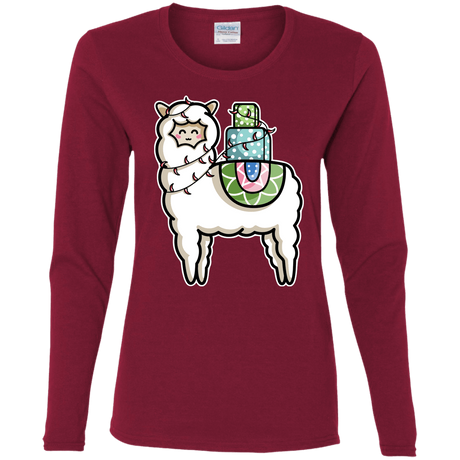 T-Shirts Cardinal / S Kawaii Cute Llama Carrying Presents Women's Long Sleeve T-Shirt