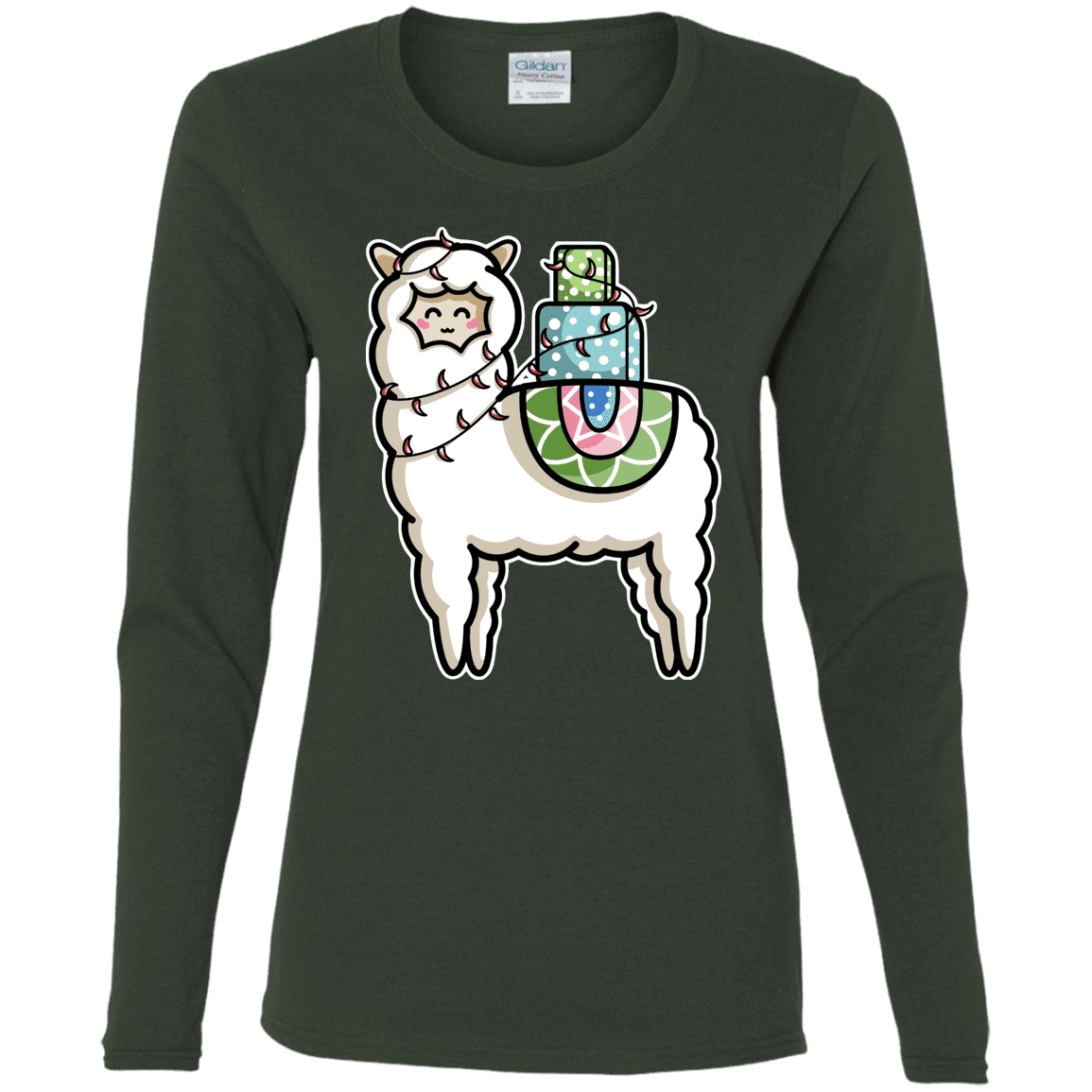 T-Shirts Forest / S Kawaii Cute Llama Carrying Presents Women's Long Sleeve T-Shirt