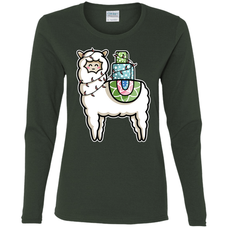 T-Shirts Forest / S Kawaii Cute Llama Carrying Presents Women's Long Sleeve T-Shirt