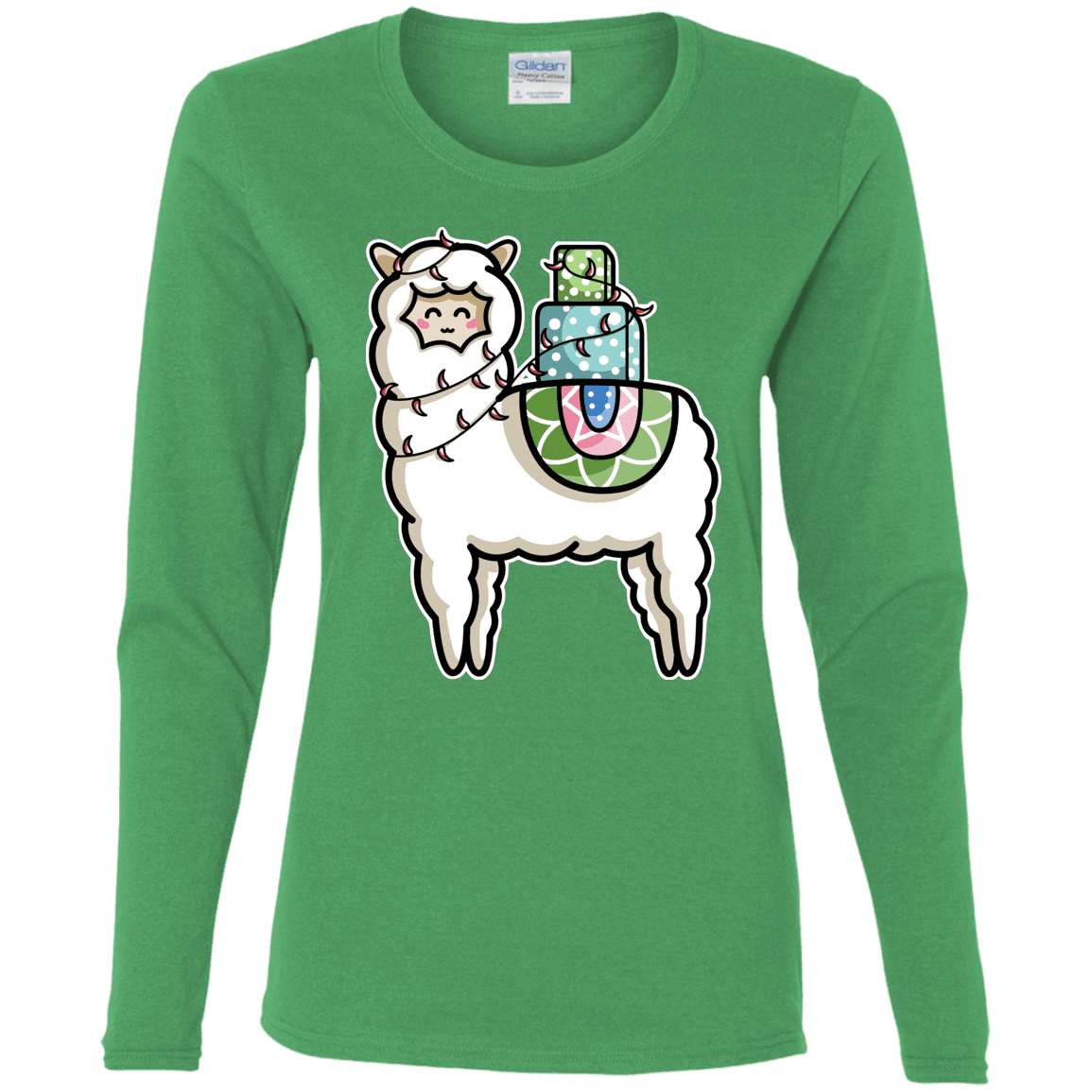 T-Shirts Irish Green / S Kawaii Cute Llama Carrying Presents Women's Long Sleeve T-Shirt