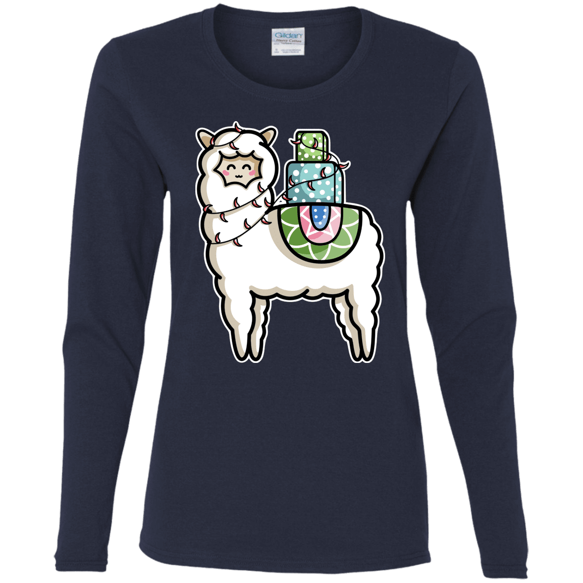 T-Shirts Navy / S Kawaii Cute Llama Carrying Presents Women's Long Sleeve T-Shirt