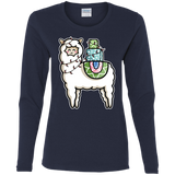 T-Shirts Navy / S Kawaii Cute Llama Carrying Presents Women's Long Sleeve T-Shirt