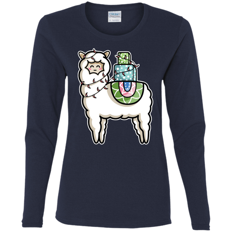 T-Shirts Navy / S Kawaii Cute Llama Carrying Presents Women's Long Sleeve T-Shirt