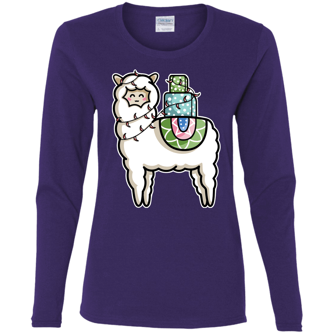 T-Shirts Purple / S Kawaii Cute Llama Carrying Presents Women's Long Sleeve T-Shirt