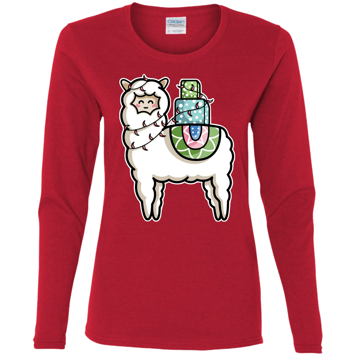 T-Shirts Red / S Kawaii Cute Llama Carrying Presents Women's Long Sleeve T-Shirt