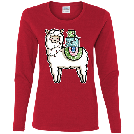 T-Shirts Red / S Kawaii Cute Llama Carrying Presents Women's Long Sleeve T-Shirt