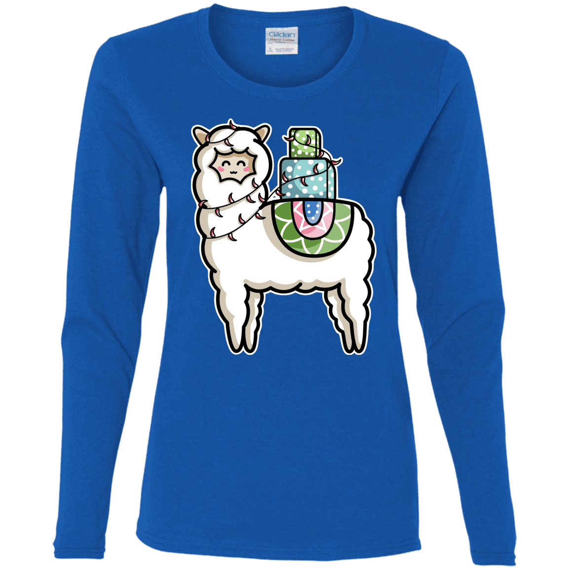 T-Shirts Royal / S Kawaii Cute Llama Carrying Presents Women's Long Sleeve T-Shirt