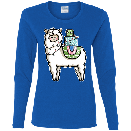 T-Shirts Royal / S Kawaii Cute Llama Carrying Presents Women's Long Sleeve T-Shirt