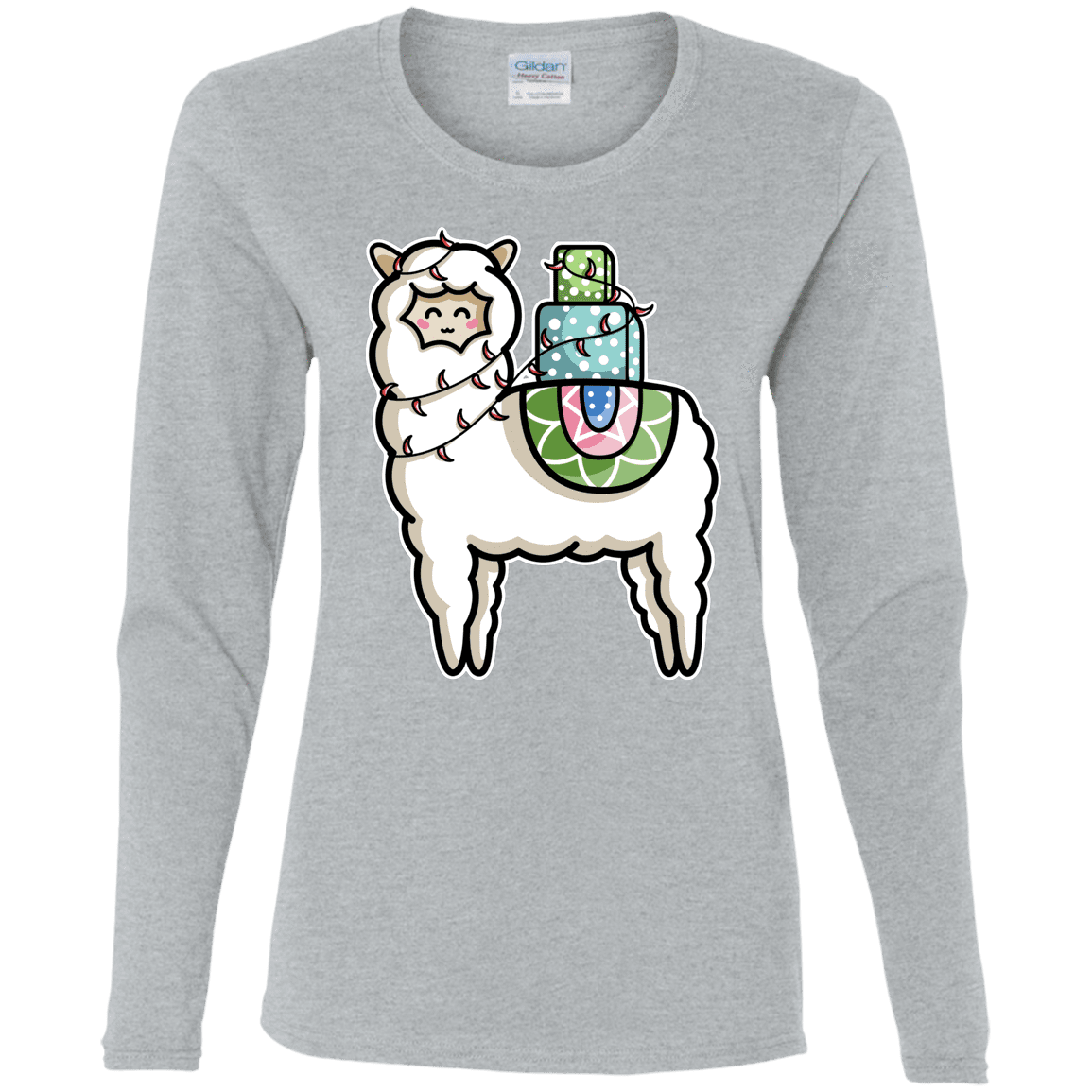 T-Shirts Sport Grey / S Kawaii Cute Llama Carrying Presents Women's Long Sleeve T-Shirt