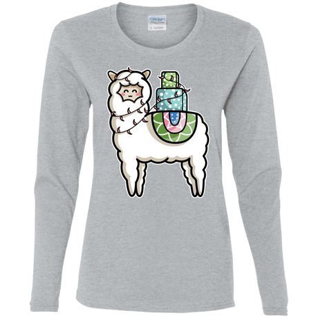 T-Shirts Sport Grey / S Kawaii Cute Llama Carrying Presents Women's Long Sleeve T-Shirt