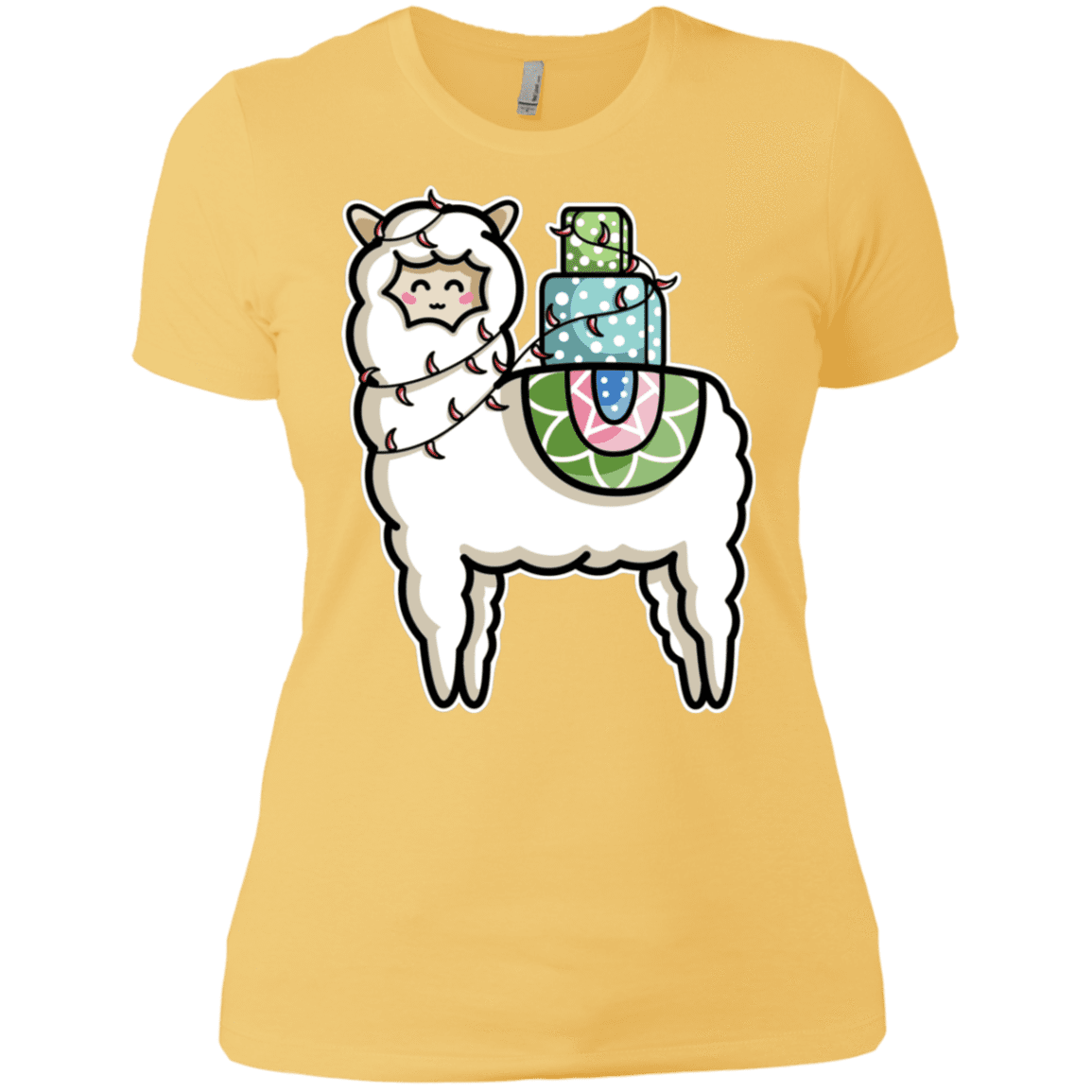 T-Shirts Banana Cream/ / X-Small Kawaii Cute Llama Carrying Presents Women's Premium T-Shirt