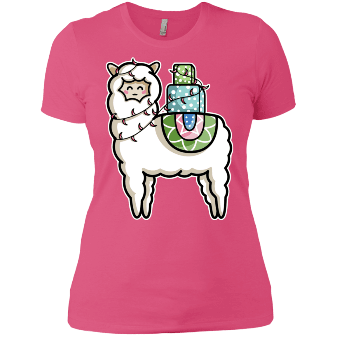 T-Shirts Hot Pink / X-Small Kawaii Cute Llama Carrying Presents Women's Premium T-Shirt