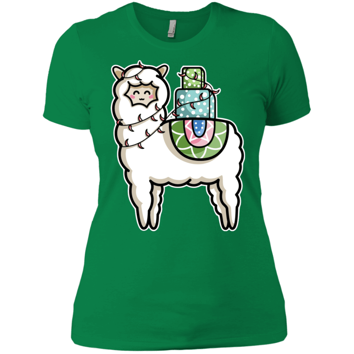 T-Shirts Kelly Green / X-Small Kawaii Cute Llama Carrying Presents Women's Premium T-Shirt