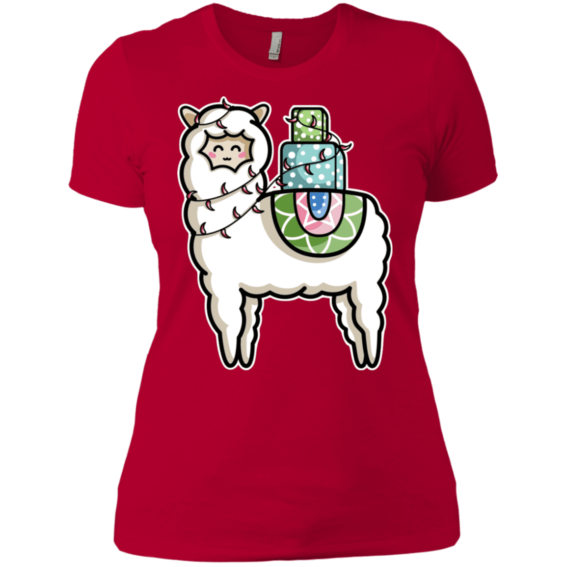 T-Shirts Red / X-Small Kawaii Cute Llama Carrying Presents Women's Premium T-Shirt