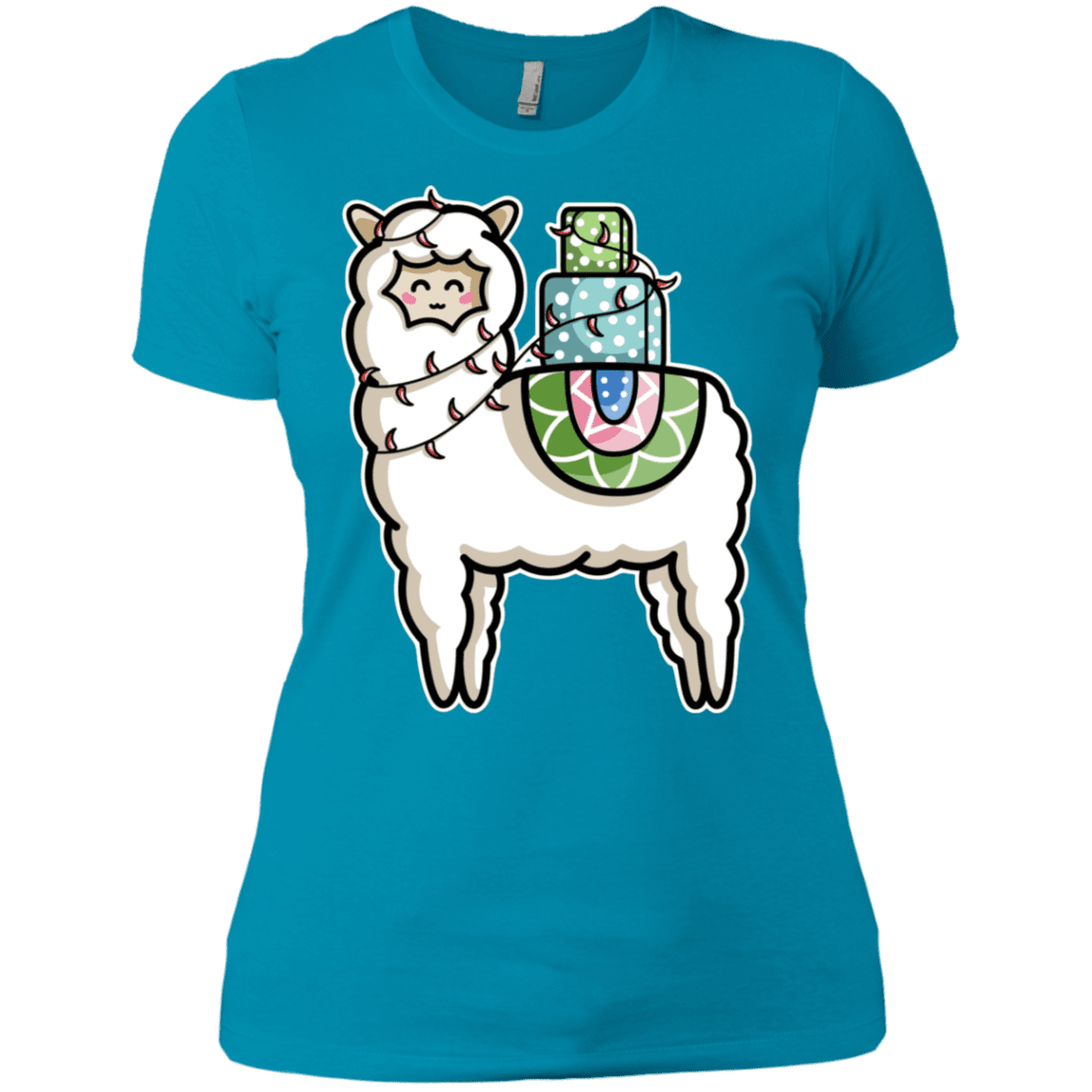 T-Shirts Turquoise / X-Small Kawaii Cute Llama Carrying Presents Women's Premium T-Shirt