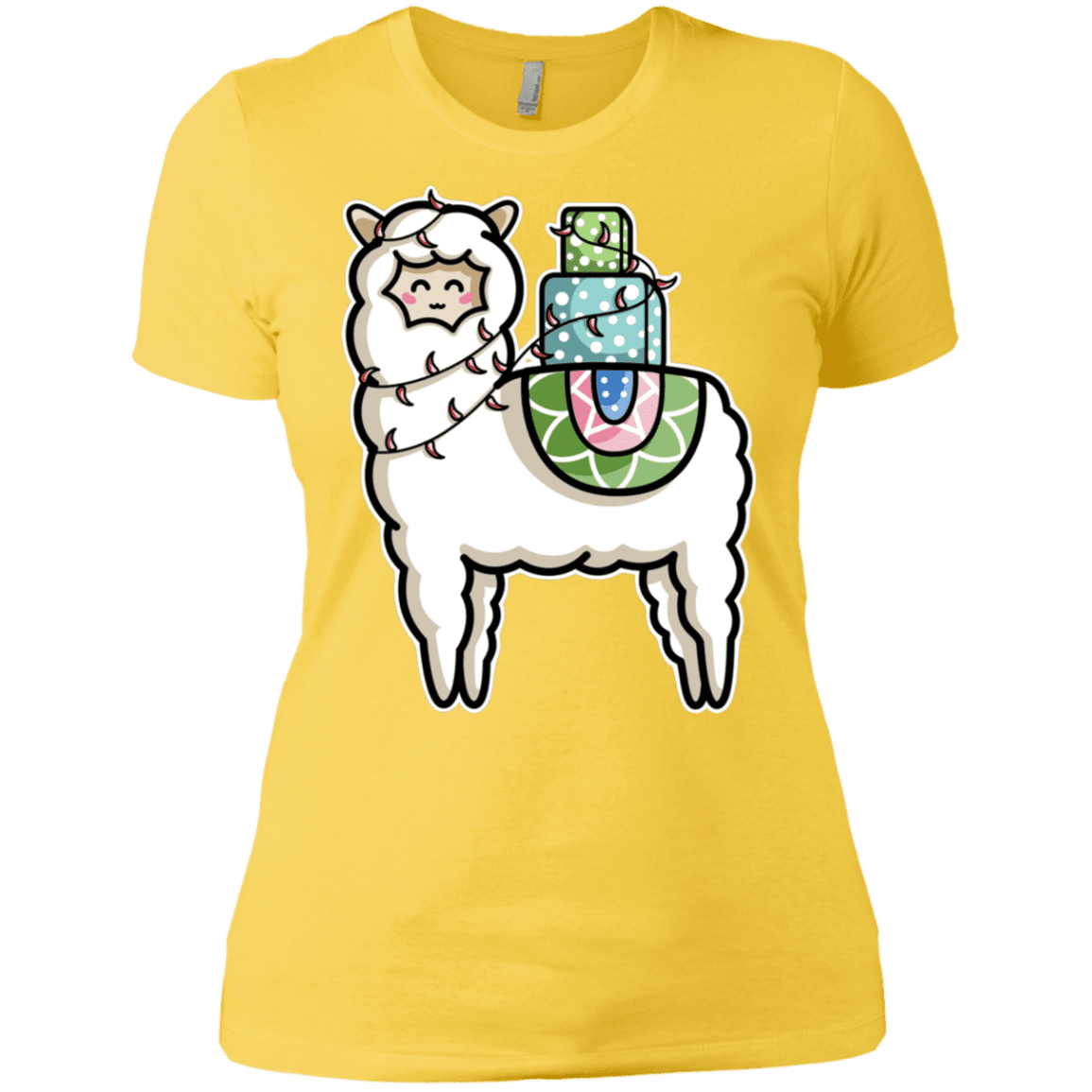 T-Shirts Vibrant Yellow / X-Small Kawaii Cute Llama Carrying Presents Women's Premium T-Shirt