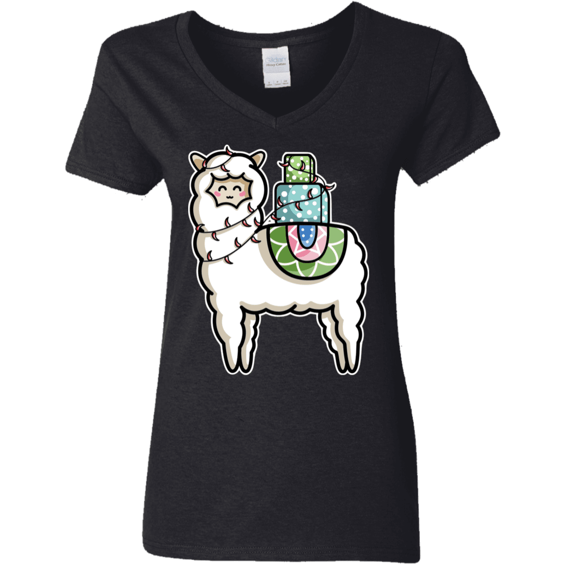 T-Shirts Black / S Kawaii Cute Llama Carrying Presents Women's V-Neck T-Shirt