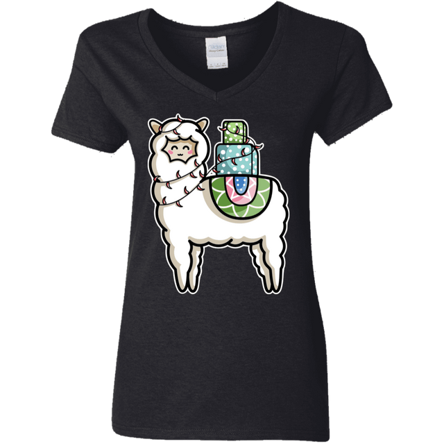 T-Shirts Black / S Kawaii Cute Llama Carrying Presents Women's V-Neck T-Shirt