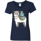 T-Shirts Navy / S Kawaii Cute Llama Carrying Presents Women's V-Neck T-Shirt
